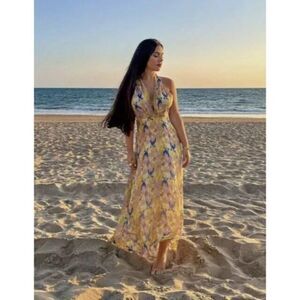 Zara Womens Maxi dress Size S Yellow Printed Beaded Boho Beach 6895/062 NWT